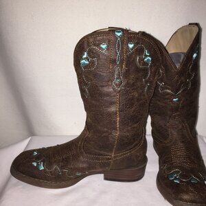 Roper Brown Cowgirl Boots With Turquoise Embroidery & Faux Leather Size 13